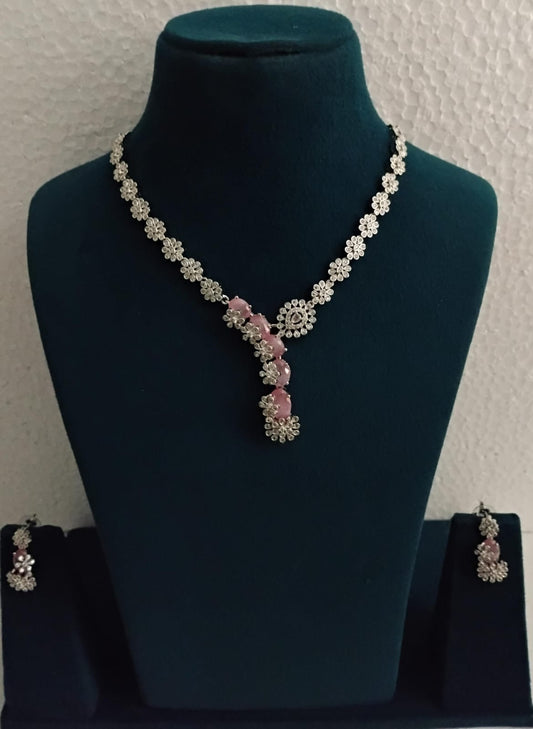 Elegant Floral American Diamond Necklace Set with Pink Drop