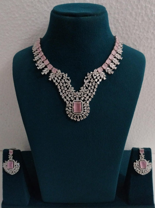 Elegant Blush Pink American Diamond Necklace Set with Statement Pendant