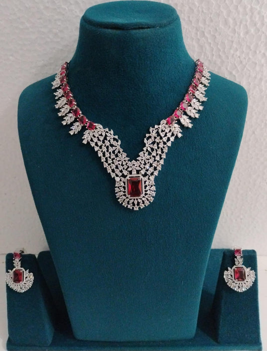 Royal Ruby Red American Diamond Necklace Set with Elegant Statement Pendant