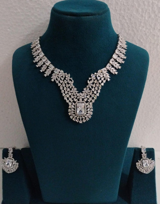Elegant Crystal American Diamond Necklace Set with Statement Pendant