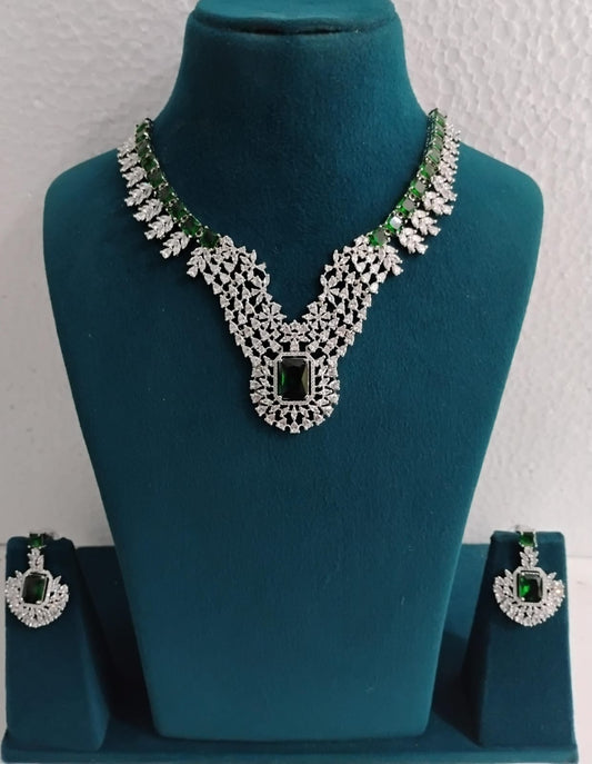 Royal Emerald Green American Diamond Necklace Set with Statement Pendant