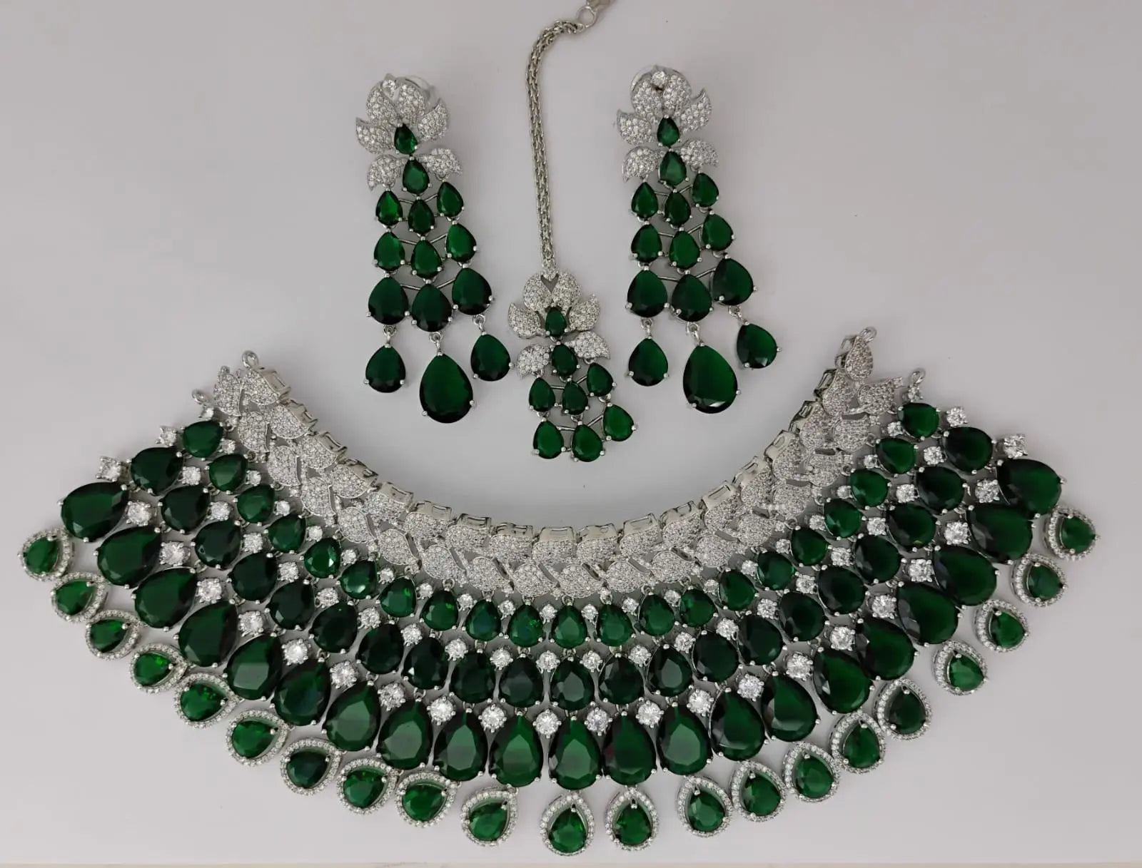 Grand Cascading Emerald Pear-Cut Bridal Choker Set with Floral Accents Ambani Fashion Jewellery