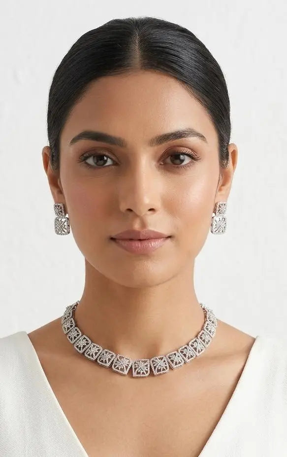 Geometric Starburst Filigree Choker & Matching Square Drop Earrings Set Ambani Fashion Jewellery
