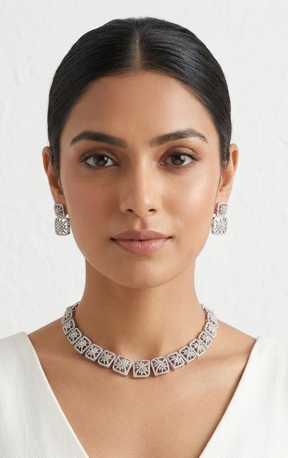 Geometric Starburst Filigree Choker & Matching Square Drop Earrings Set
