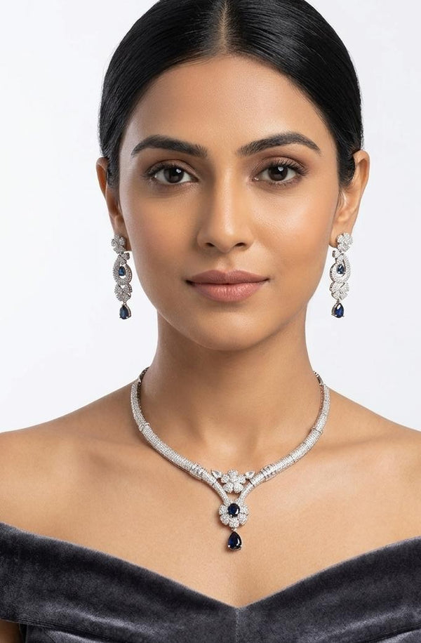 Midnight Azure Diamond & Sapphire Floral Bridal Necklace Set