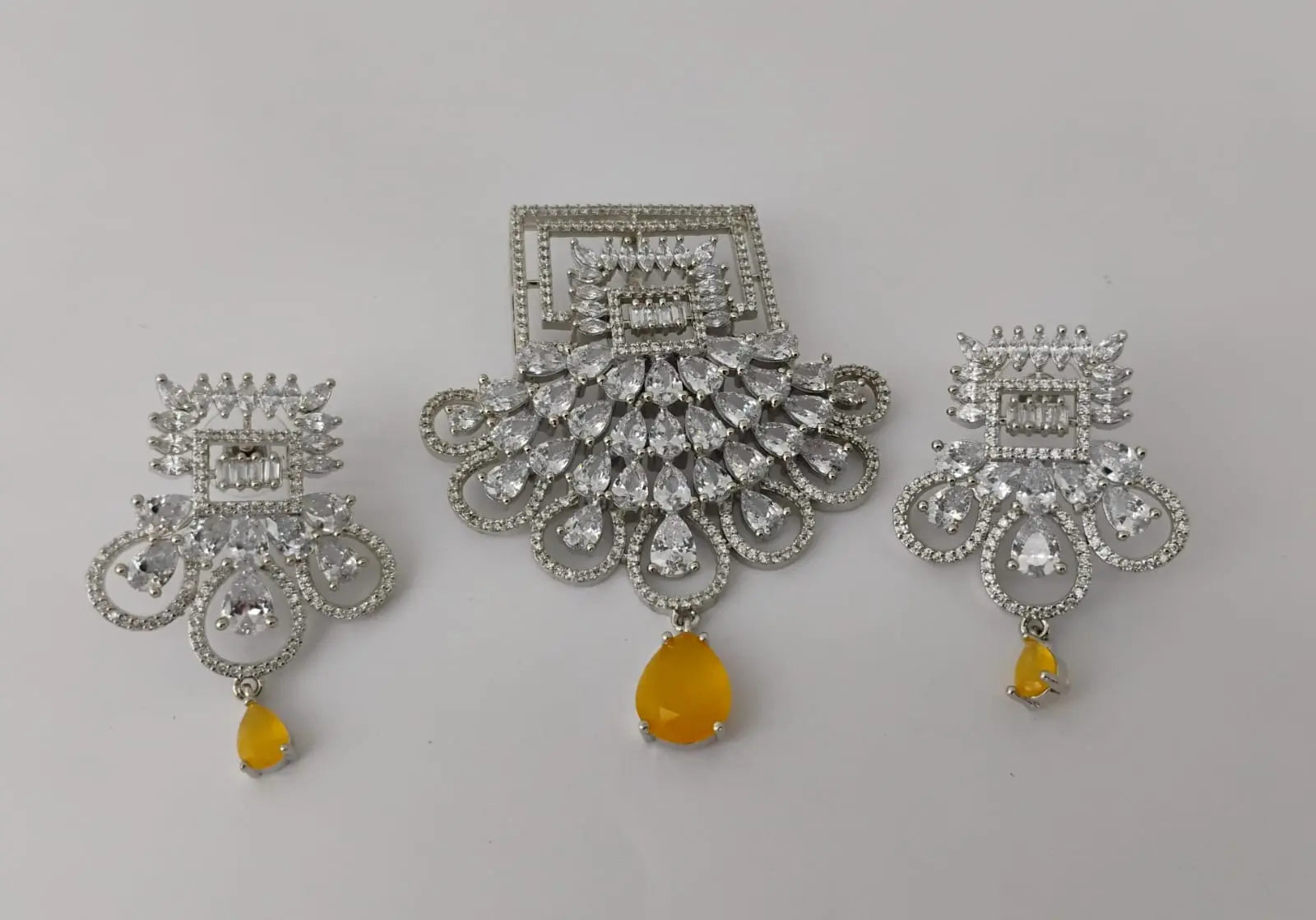 Exquisite Rhodium-Plated Geometric Floral Pendant Set with Citrine-Yellow Accents Ambani Fashion Jewellery